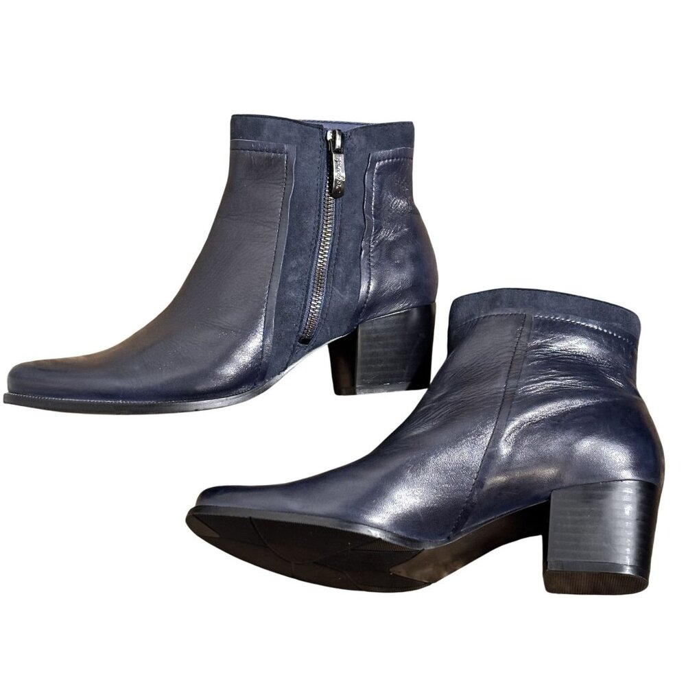 Regarde Le Ciel Navy Leather & Suede Ankle Boots W/ Zipper Closure & Block Heel - Picture 7 of 8